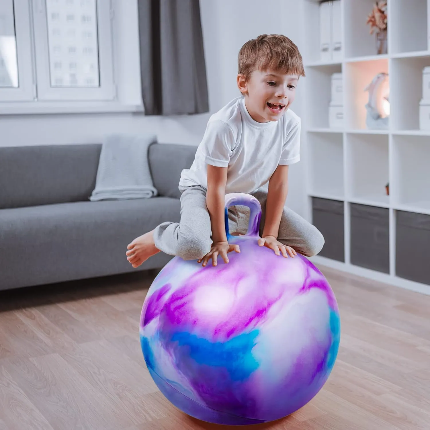 Hopper Ball, Hopping Toys for Kids, 18inch Bouncy Ball with Handle for Boys Girls Aged 3-8, Inflatable Clouds Bounce Hopper Toy with Pump