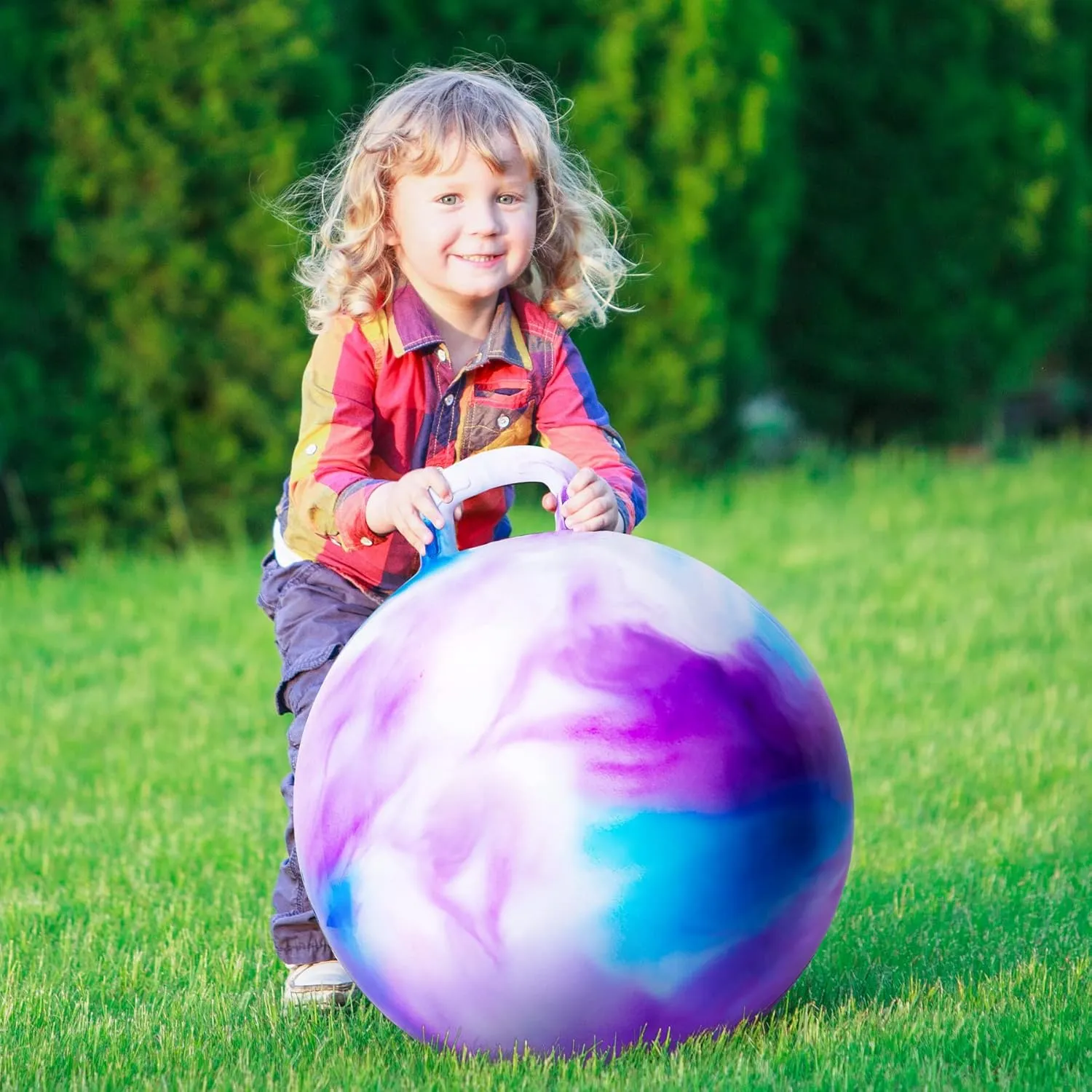 Hopper Ball, Hopping Toys for Kids, 18inch Bouncy Ball with Handle for Boys Girls Aged 3-8, Inflatable Clouds Bounce Hopper Toy with Pump