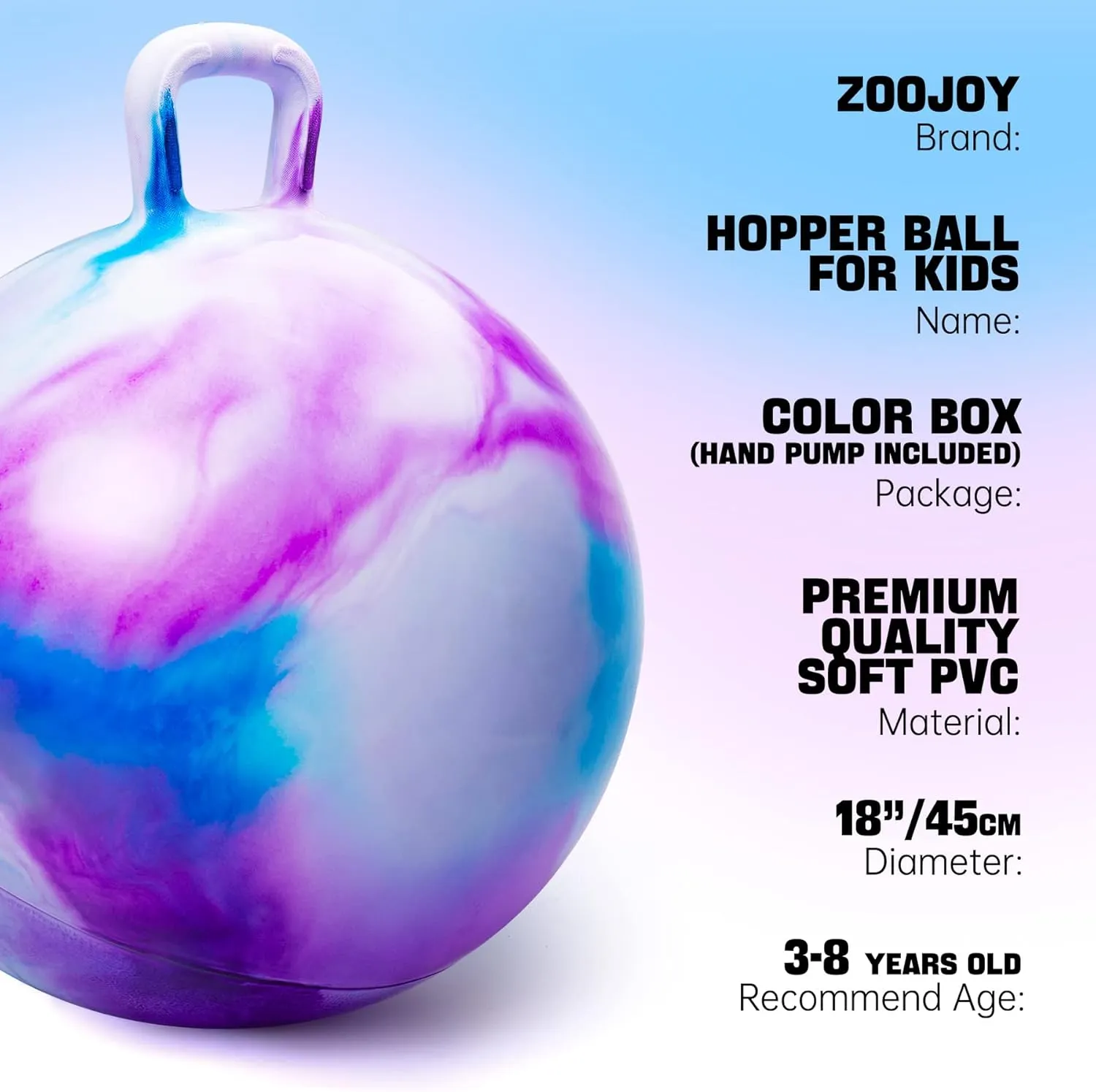 Hopper Ball, Hopping Toys for Kids, 18inch Bouncy Ball with Handle for Boys Girls Aged 3-8, Inflatable Clouds Bounce Hopper Toy with Pump