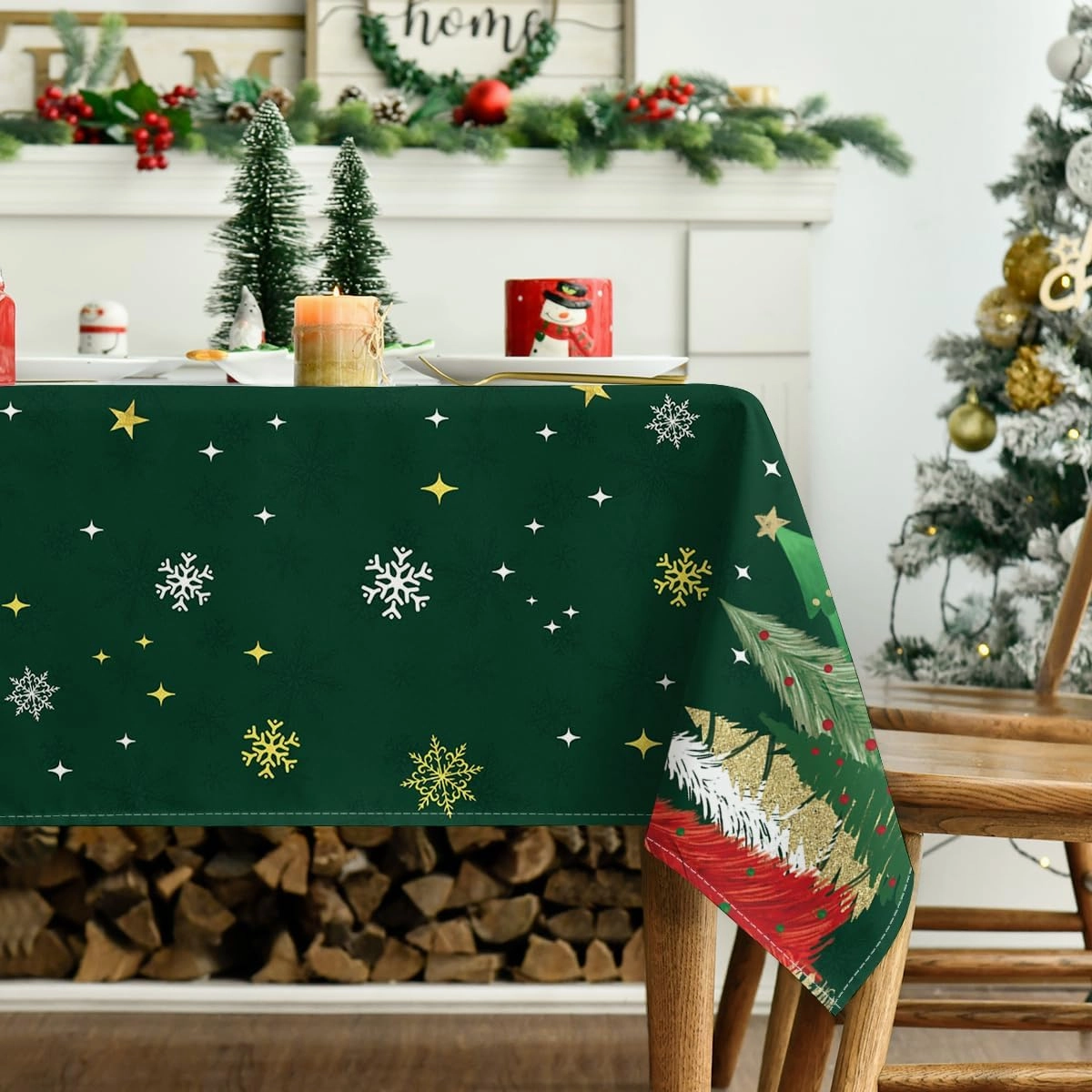 Horaldaily Christmas Tablecloth 60×84 Inch Rectangular, Christmas Trees Green Washable Table Cover for Party Picnic Dinner Decor