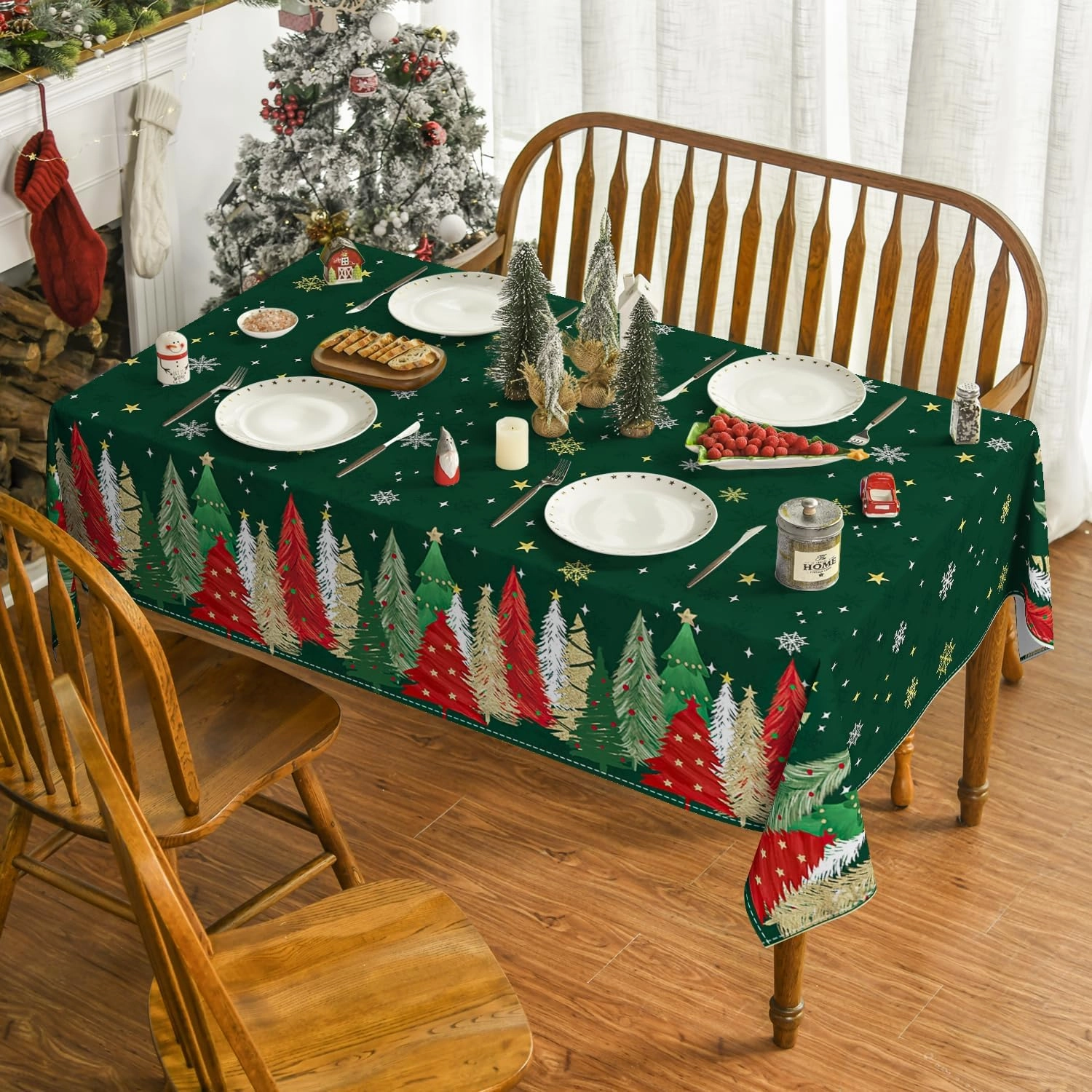 Horaldaily Christmas Tablecloth 60×84 Inch Rectangular, Christmas Trees Green Washable Table Cover for Party Picnic Dinner Decor