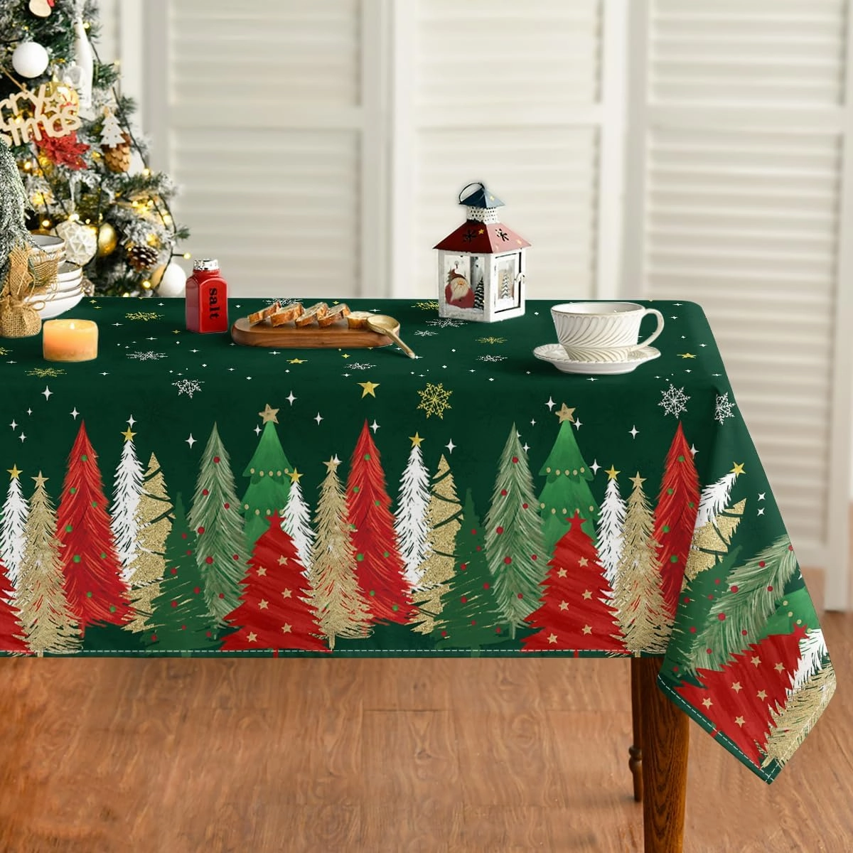 Horaldaily Christmas Tablecloth 60×84 Inch Rectangular, Christmas Trees Green Washable Table Cover for Party Picnic Dinner Decor
