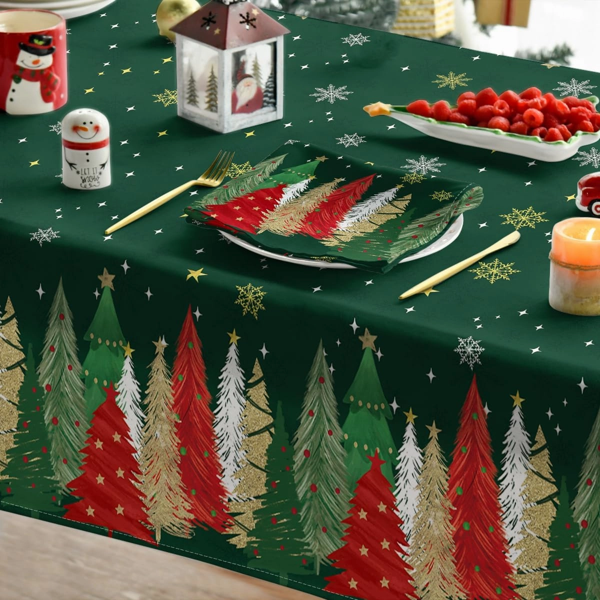 Horaldaily Christmas Tablecloth 60×84 Inch Rectangular, Christmas Trees Green Washable Table Cover for Party Picnic Dinner Decor