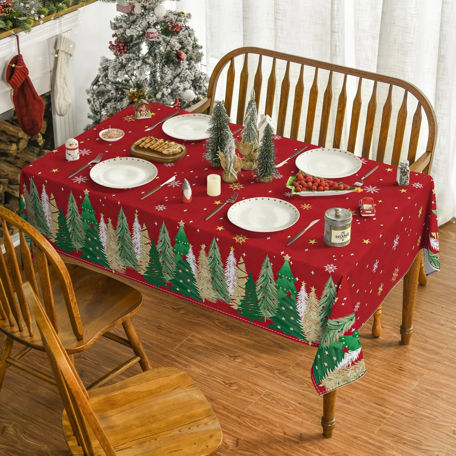 Horaldaily Christmas Tablecloth 60×84 Inch Rectangular, Christmas Trees Red Washable Table Cover for Party Picnic Dinner Decor