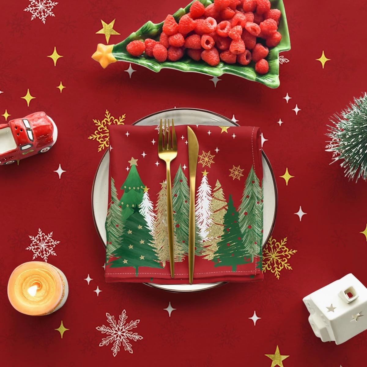 Horaldaily Christmas Tablecloth 60×84 Inch Rectangular, Christmas Trees Red Washable Table Cover for Party Picnic Dinner Decor