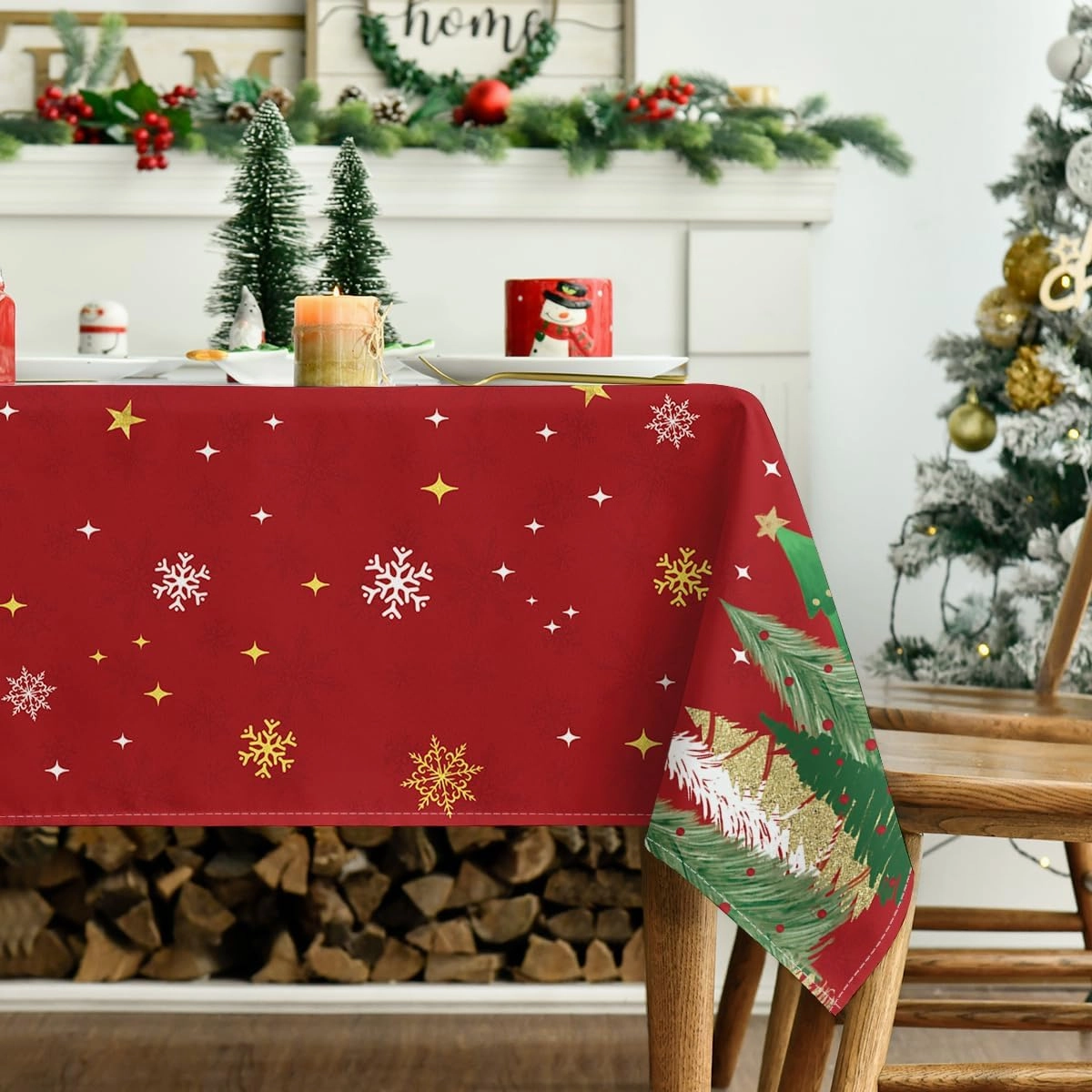 Horaldaily Christmas Tablecloth 60×84 Inch Rectangular, Christmas Trees Red Washable Table Cover for Party Picnic Dinner Decor