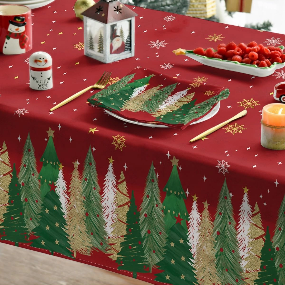 Horaldaily Christmas Tablecloth 60×84 Inch Rectangular, Christmas Trees Red Washable Table Cover for Party Picnic Dinner Decor