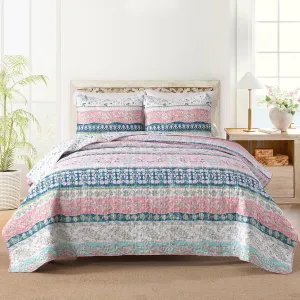 HORIMOTE HOME Boho Style Queen Quilt Set Pink Bohemian Floral Strip Quilt Beddding Set, Soft and Lightweight Bedspread for All Season, Full Size Bed Coverlet with 2 Matching Pillow Shams (3 Pieces)