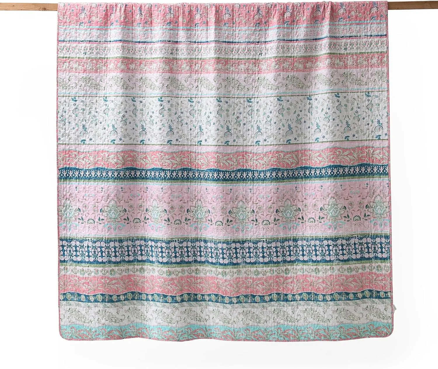 HORIMOTE HOME Boho Style Queen Quilt Set Pink Bohemian Floral Strip Quilt Beddding Set, Soft and Lightweight Bedspread for All Season, Full Size Bed Coverlet with 2 Matching Pillow Shams (3 Pieces)