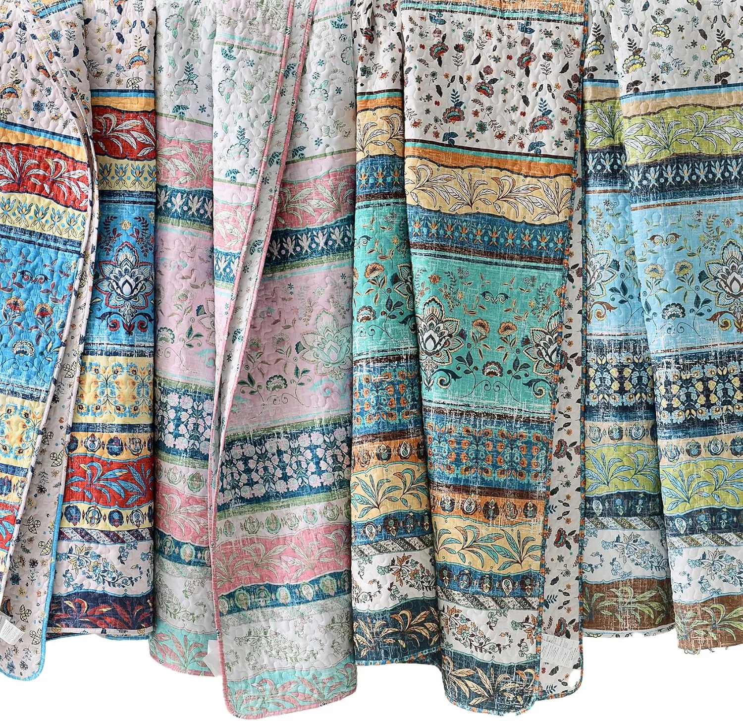 HORIMOTE HOME Boho Style Queen Quilt Set Pink Bohemian Floral Strip Quilt Beddding Set, Soft and Lightweight Bedspread for All Season, Full Size Bed Coverlet with 2 Matching Pillow Shams (3 Pieces)