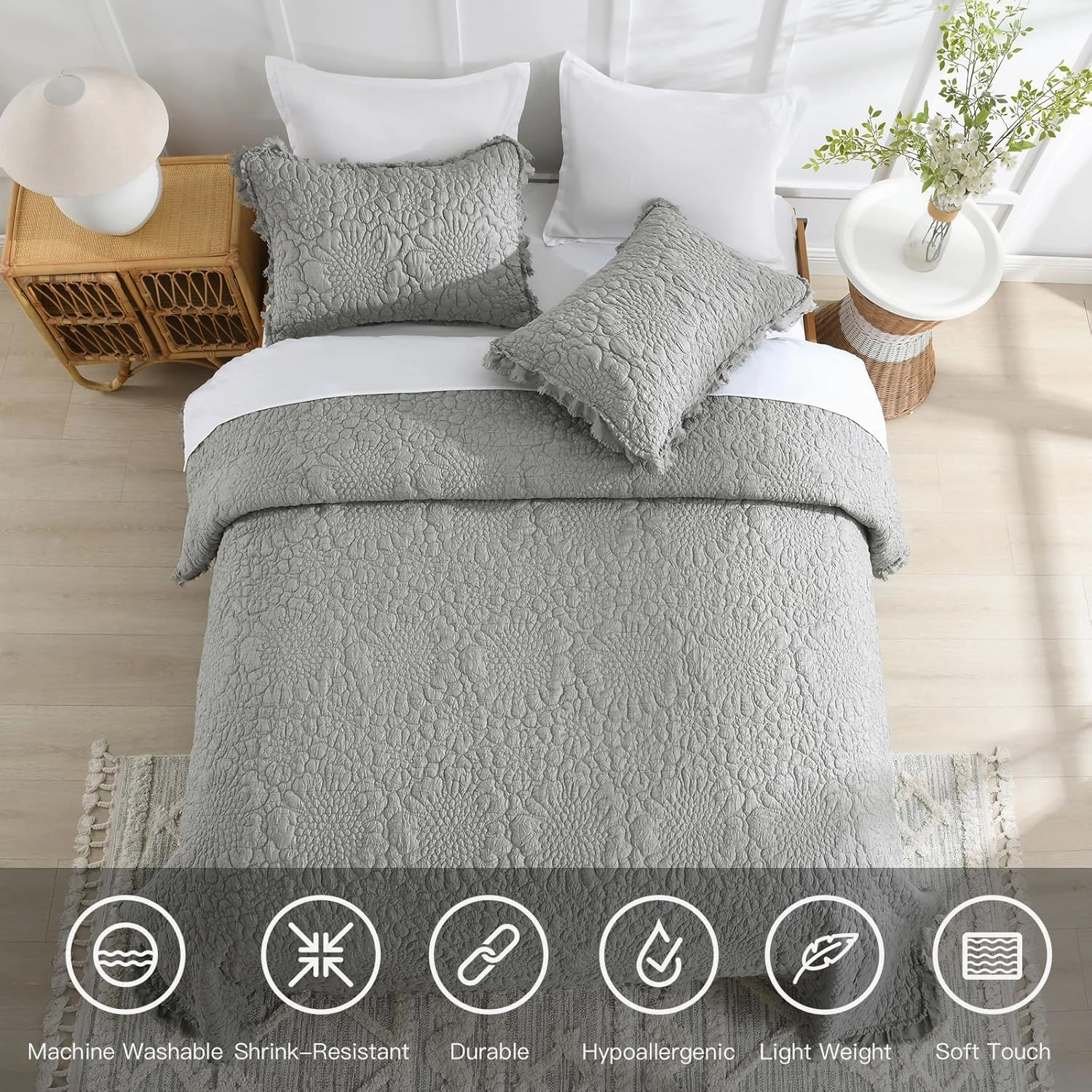 HORIMOTE HOME Dark Grey Ruffled Quilt Queen Size, Stone-Washed Microfiber Lightweight Crinkled Farmhouse Rustic Shabby Chic Bedding Set, 3 Pieces Reversible Bedspread with Pillow Shams for All Season