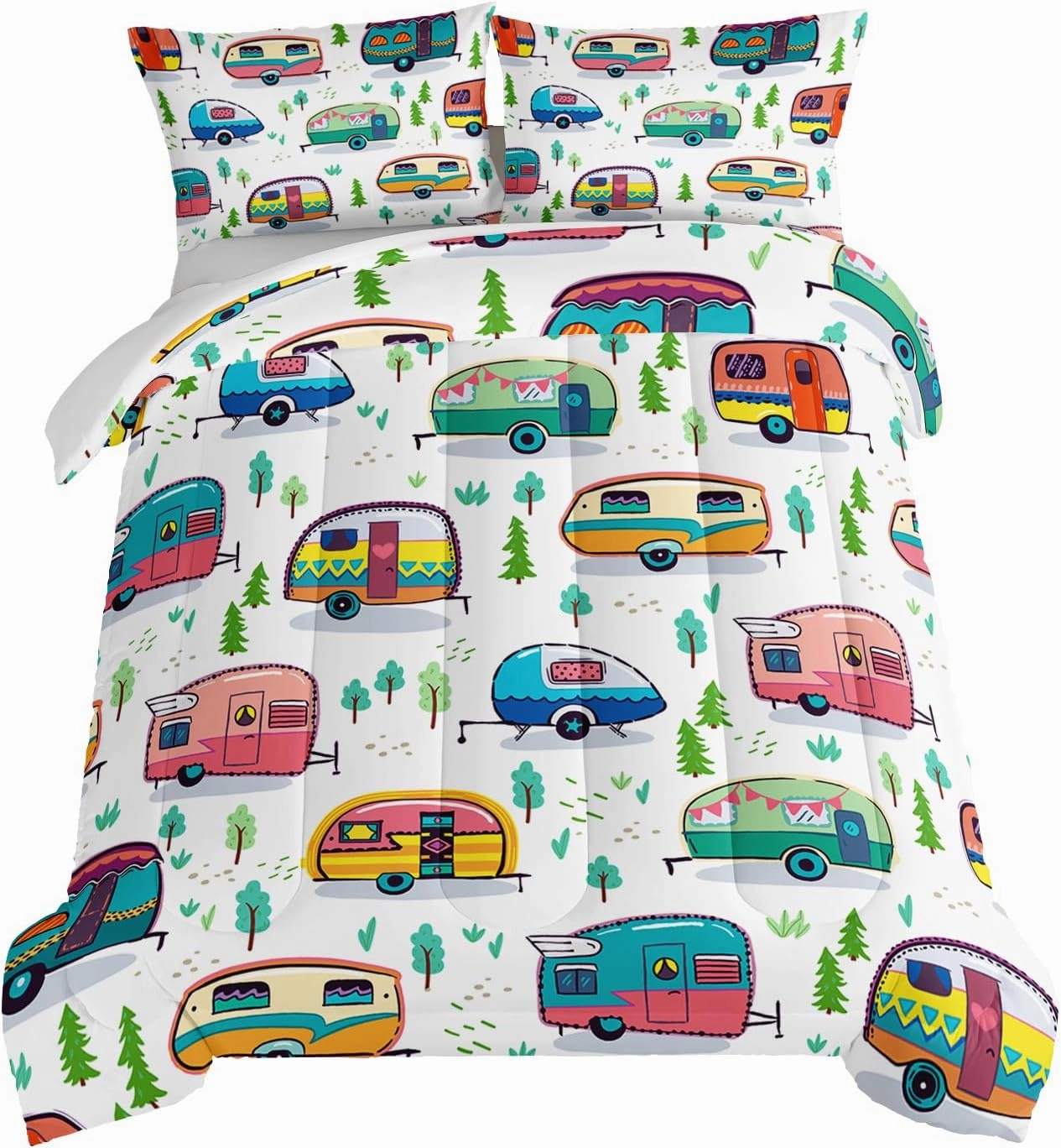 HOSIMA Happy Camping Bedding Queen Comforter Set for Girls Boys,Rustic Farmhouse Camping Trailer Bedding Set,Camping Trailer Forest Printed Comforter Kids Bedding Set with 2 Pillowcases.