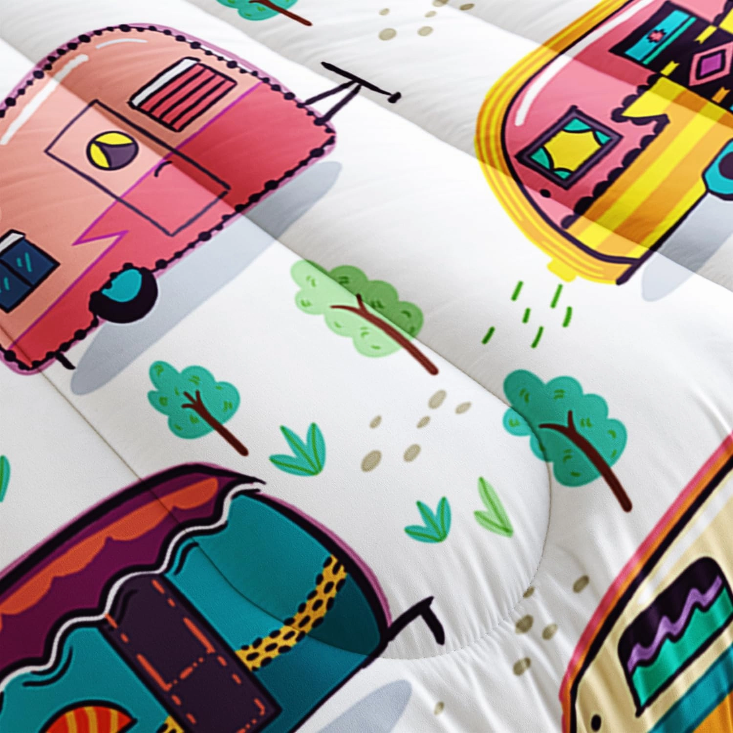 HOSIMA Happy Camping Bedding Queen Comforter Set for Girls Boys,Rustic Farmhouse Camping Trailer Bedding Set,Camping Trailer Forest Printed Comforter Kids Bedding Set with 2 Pillowcases.