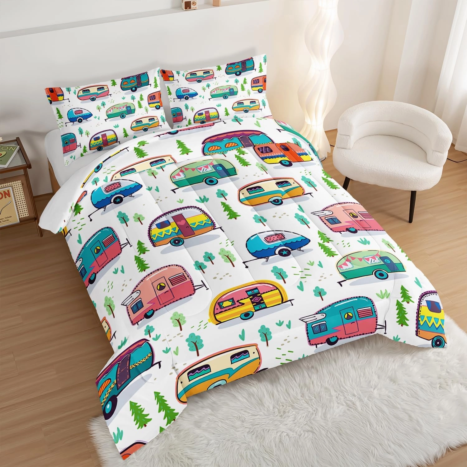 HOSIMA Happy Camping Bedding Queen Comforter Set for Girls Boys,Rustic Farmhouse Camping Trailer Bedding Set,Camping Trailer Forest Printed Comforter Kids Bedding Set with 2 Pillowcases.