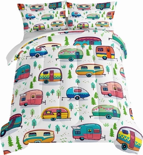 HOSIMA Happy Camping Bedding Queen Comforter Set for Girls Boys,Rustic Farmhouse Camping Trailer Bedding Set,Camping Trailer Forest Printed Comforter Kids Bedding Set with 2 Pillowcases.
