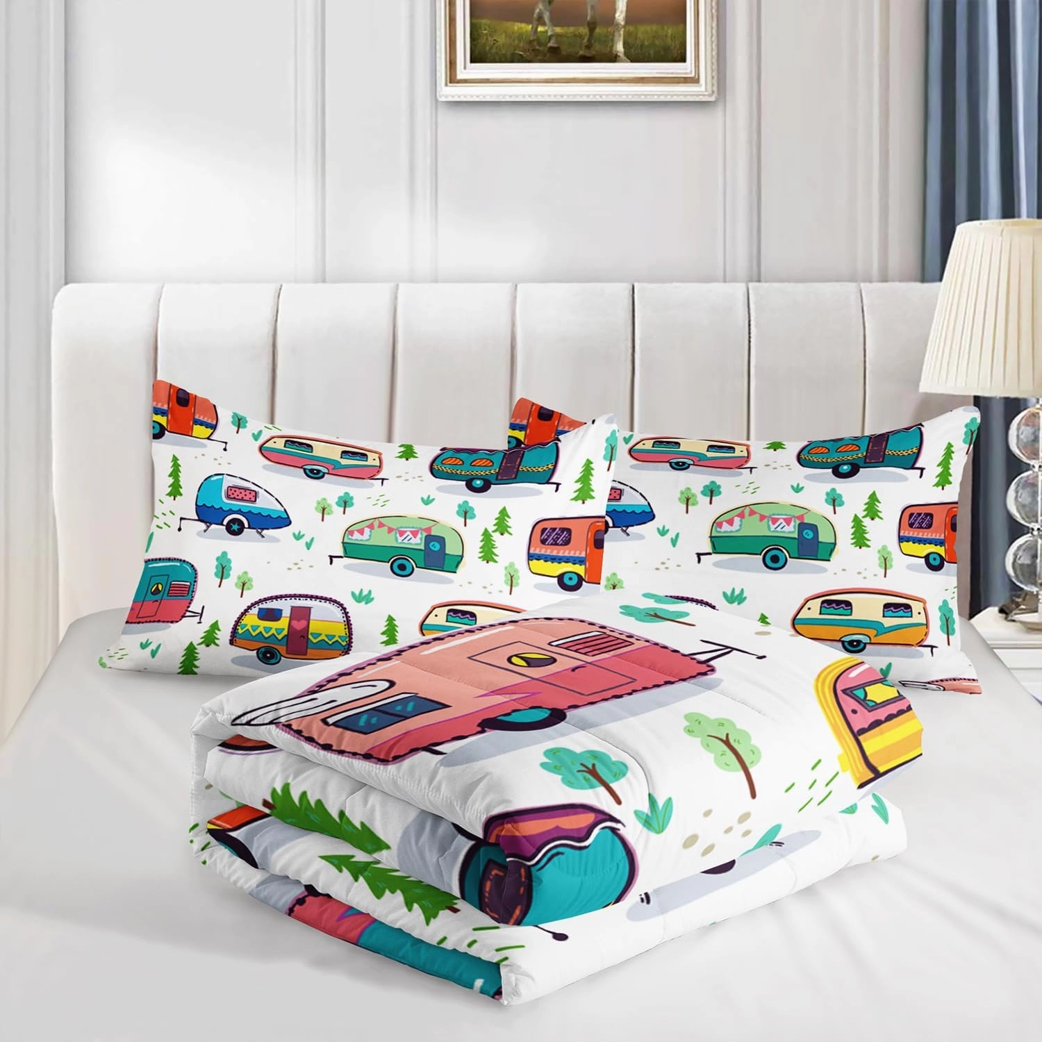 HOSIMA Happy Camping Bedding Queen Comforter Set for Girls Boys,Rustic Farmhouse Camping Trailer Bedding Set,Camping Trailer Forest Printed Comforter Kids Bedding Set with 2 Pillowcases.