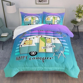 HOSIMA Happy Camping Decor Comforter Set,Cartoon Camper Bedding Queen Size for Kids Teen Girls Boys Room Decor,Camper Accessories for Travel Trailers Themed Bedding with 2 Pillowcases.