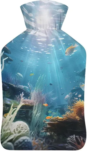 Hot Water Bottle with Soft Cover, Underwater World 1L Warm Water Bag for Menstrual Cramps, Undersea Neck And Shoulder Pain Relief, Ideal for Hand & Feet Warmer for Kids, Men & Women, Hot & Cold Compre