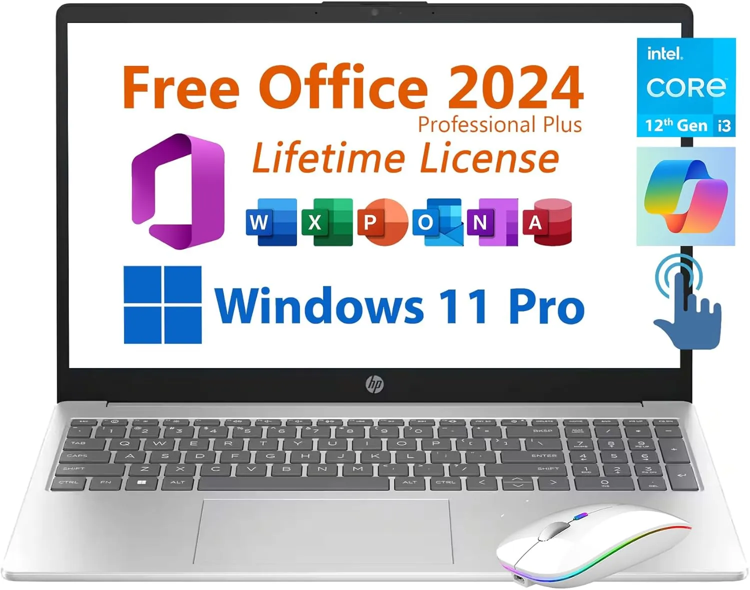 HP 15.6" Business Student Laptop, Free Microsoft Office 2024 Lifetime License, Copilot AI Chat, HD Touchscreen, Intel 6-Core i3-1215U 4.4 GHz, 8GB RAM, 512GB SSD, Long Battery Life, Windows 11 Pro