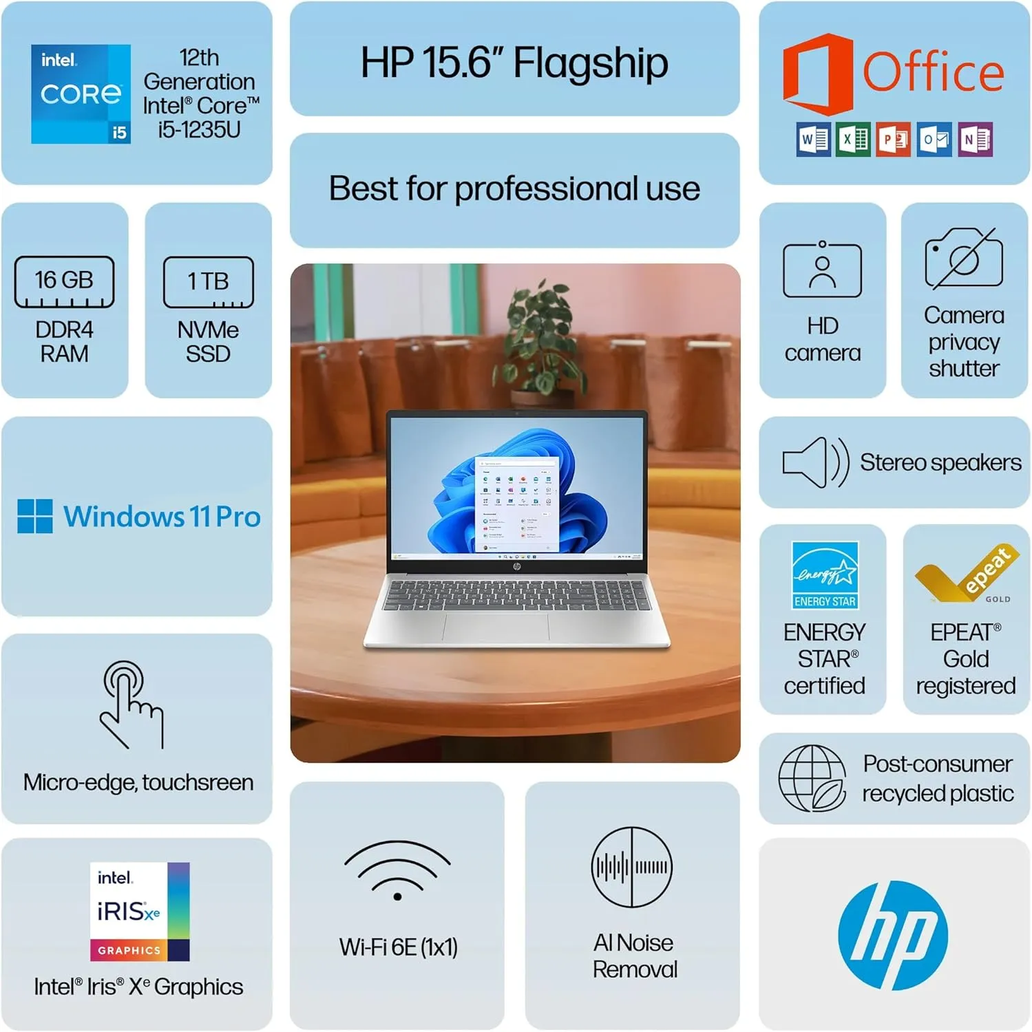 HP 15.6" Touchscreen Pavilion Laptop Computer, 16GB RAM, 1.5TB Storage (1TB SSD   500GB Ext), 10-Core Intel i5 Processor, Wi-Fi 6E, Windows 11 Pro with Lifetime Microsoft Office, MarxsolAccessory
