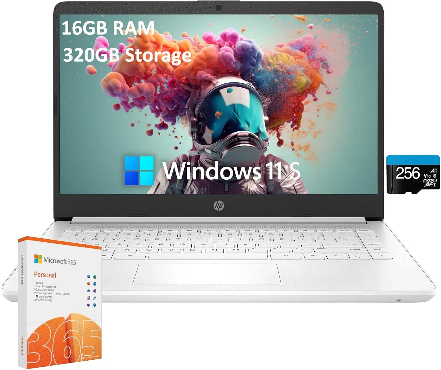 HP 2025 Student Business Laptop, 14" HD Display, Intel Celeron 4-core CPU, 16GB RAM, 320GB Storage(64GB eMMC   256GB SD Card), 1-Year Office 365, Intel UHD Graphics, Wi-Fi, Windows 11 S, w/Accessories