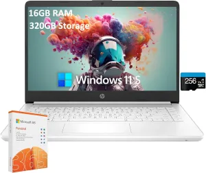HP 2025 Student Business Laptop, 14" HD Display, Intel Celeron 4-core CPU, 16GB RAM, 320GB Storage(64GB eMMC   256GB SD Card), 1-Year Office 365, Intel UHD Graphics, Wi-Fi, Windows 11 S, w/Accessories