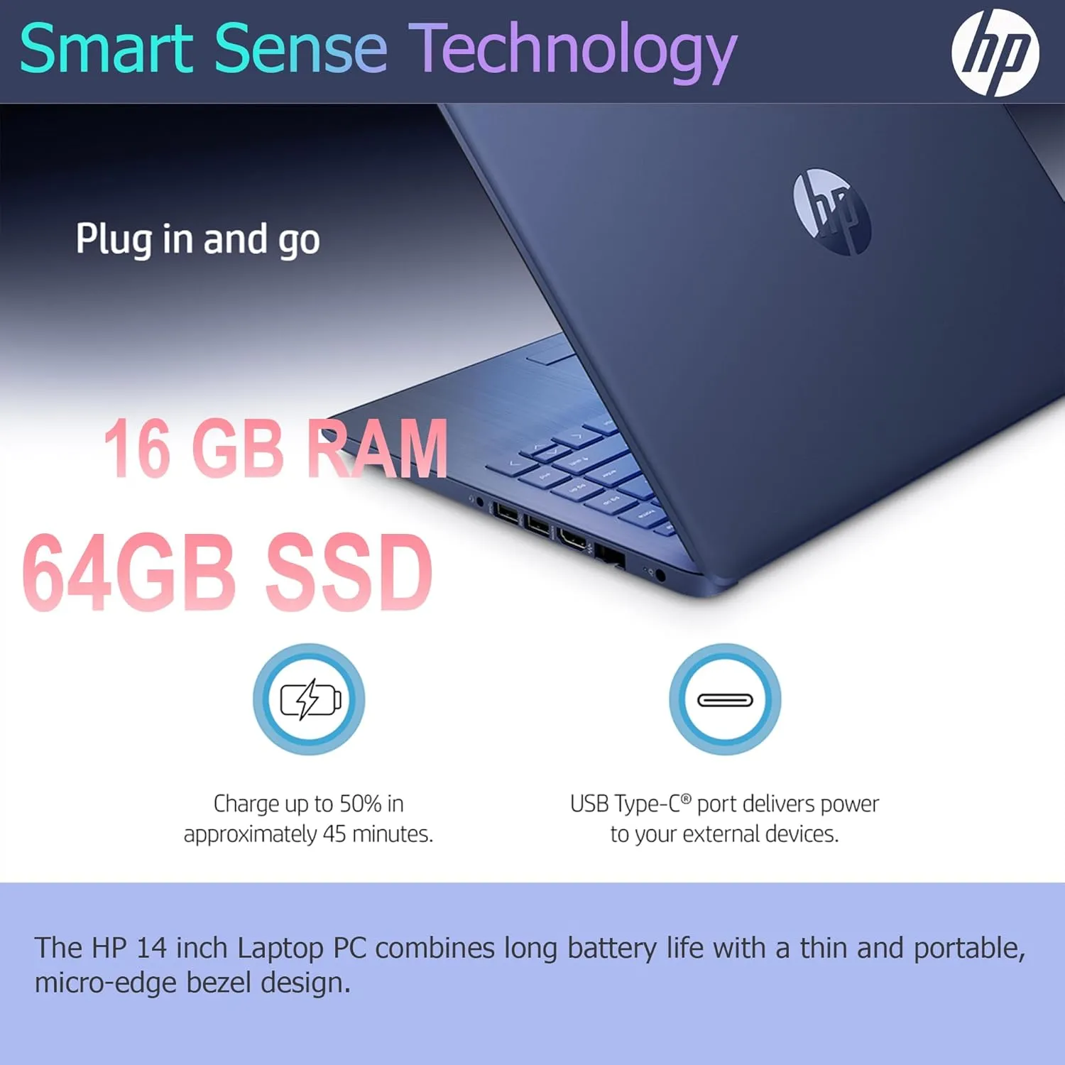 HP Ultralight 14 inch Laptop with Intel 4-Core Processor • with Microsoft 365 and Wireless Earbuds • 16GB RAM • 512GB External & 64GB Onboard & 1TB Cloud Storage • HD Display • Blue • Windows 11
