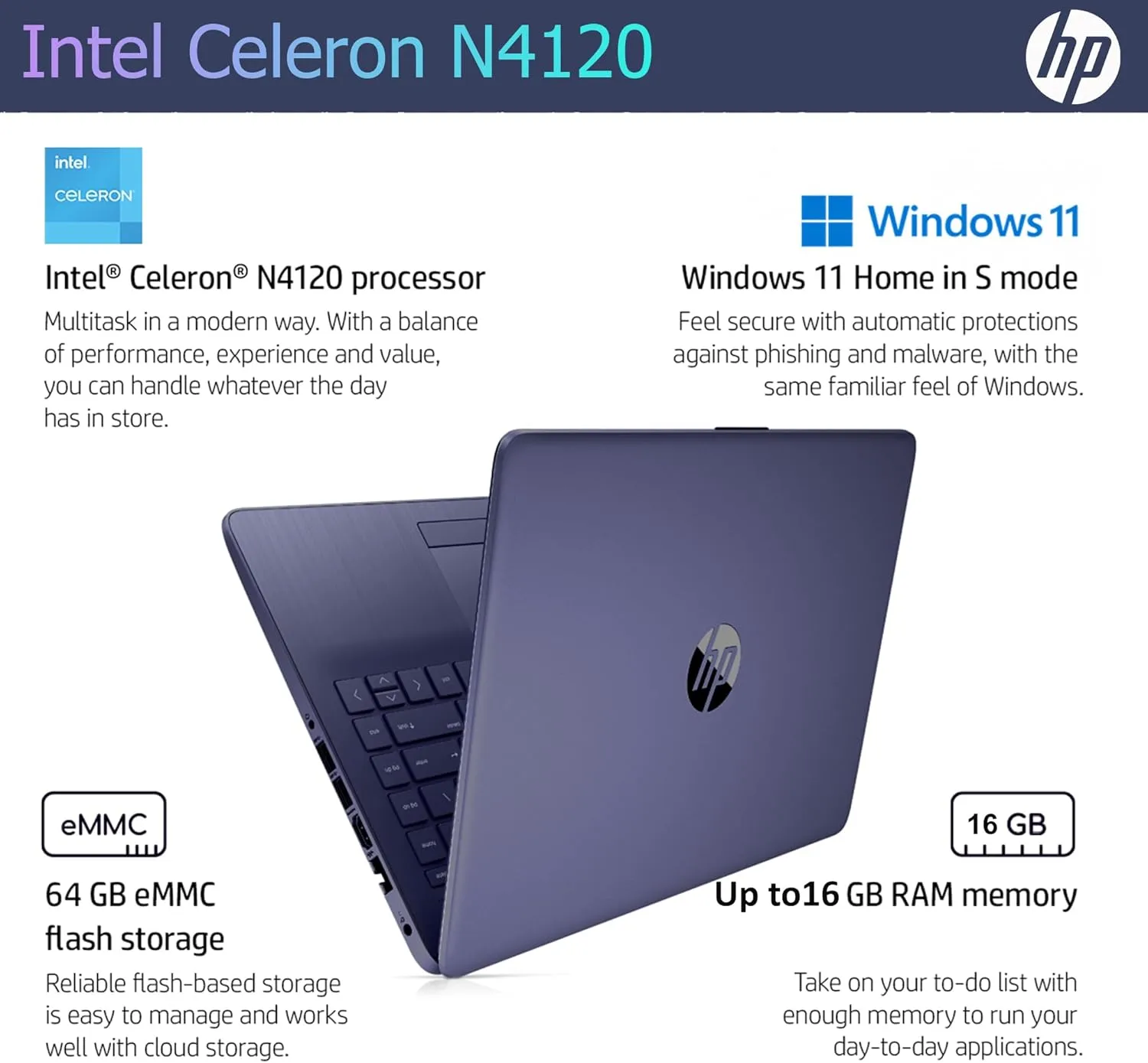 HP Ultralight 14 inch Laptop with Intel 4-Core Processor • with Microsoft 365 and Wireless Earbuds • 16GB RAM • 512GB External & 64GB Onboard & 1TB Cloud Storage • HD Display • Blue • Windows 11