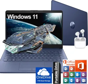 HP Ultralight 14 inch Laptop with Intel 4-Core Processor • with Microsoft 365 and Wireless Earbuds • 16GB RAM • 512GB External & 64GB Onboard & 1TB Cloud Storage • HD Display • Blue • Windows 11