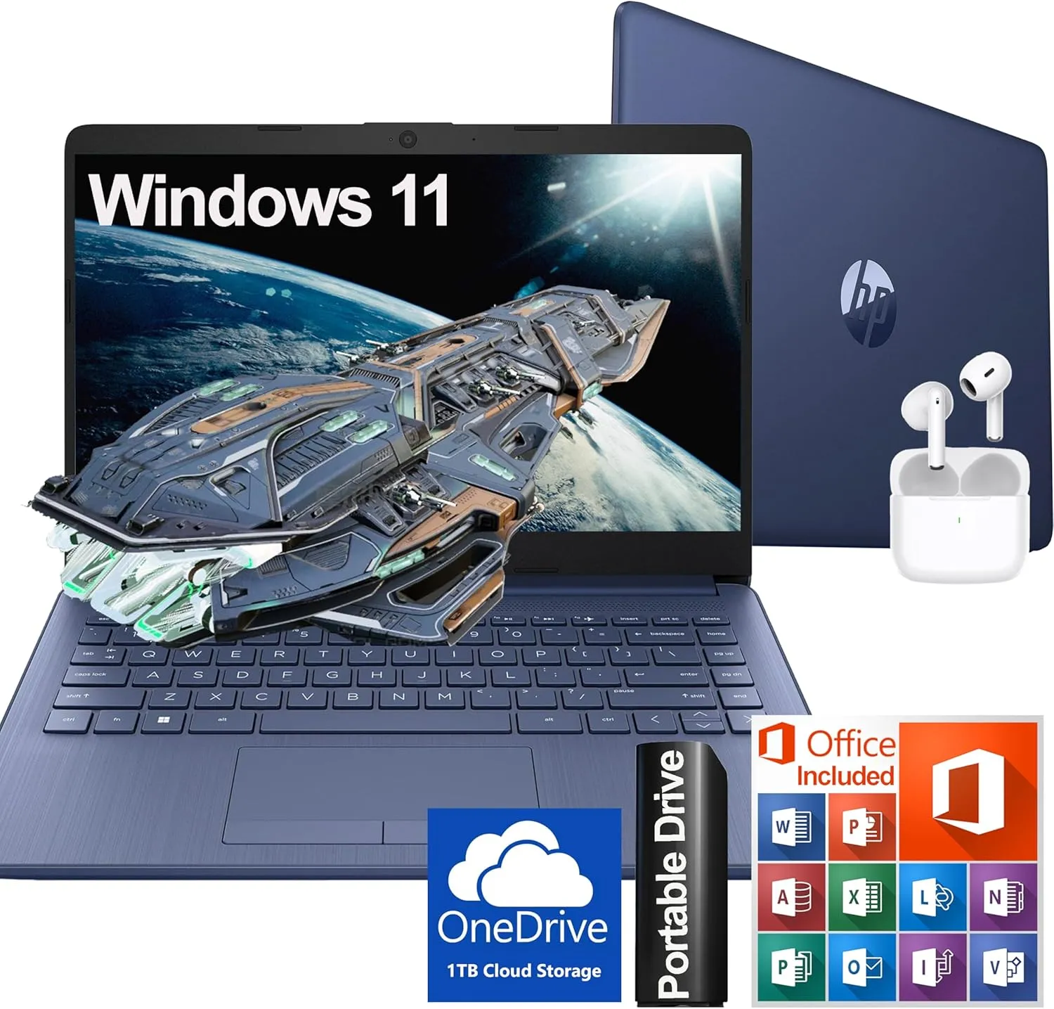 HP Ultralight 14 inch Laptop with Intel 4-Core Processor • with Microsoft 365 and Wireless Earbuds • 16GB RAM • 512GB External & 64GB Onboard & 1TB Cloud Storage • HD Display • Blue • Windows 11