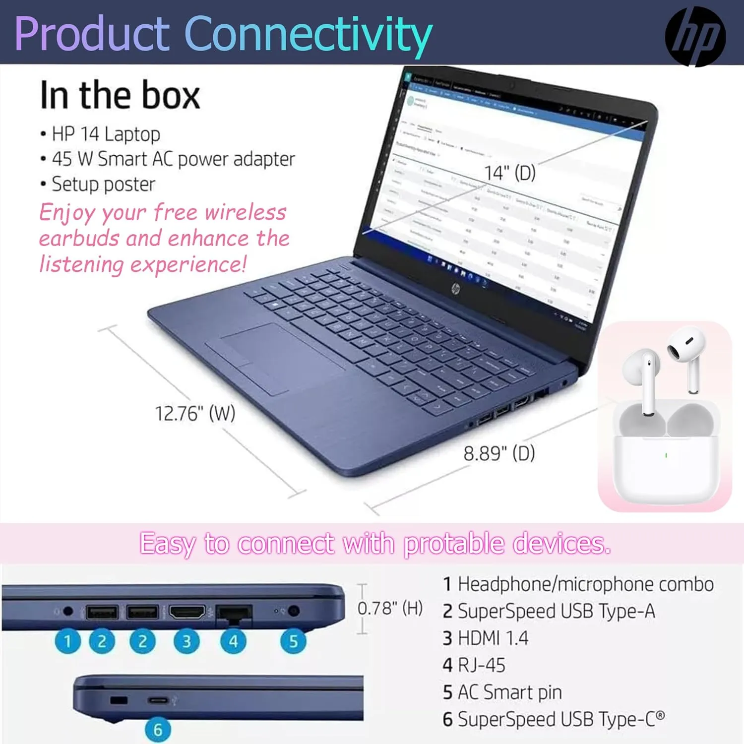 HP Ultralight 14 inch Laptop with Intel 4-Core Processor • with Microsoft 365 and Wireless Earbuds • 16GB RAM • 512GB External & 64GB Onboard & 1TB Cloud Storage • HD Display • Blue • Windows 11