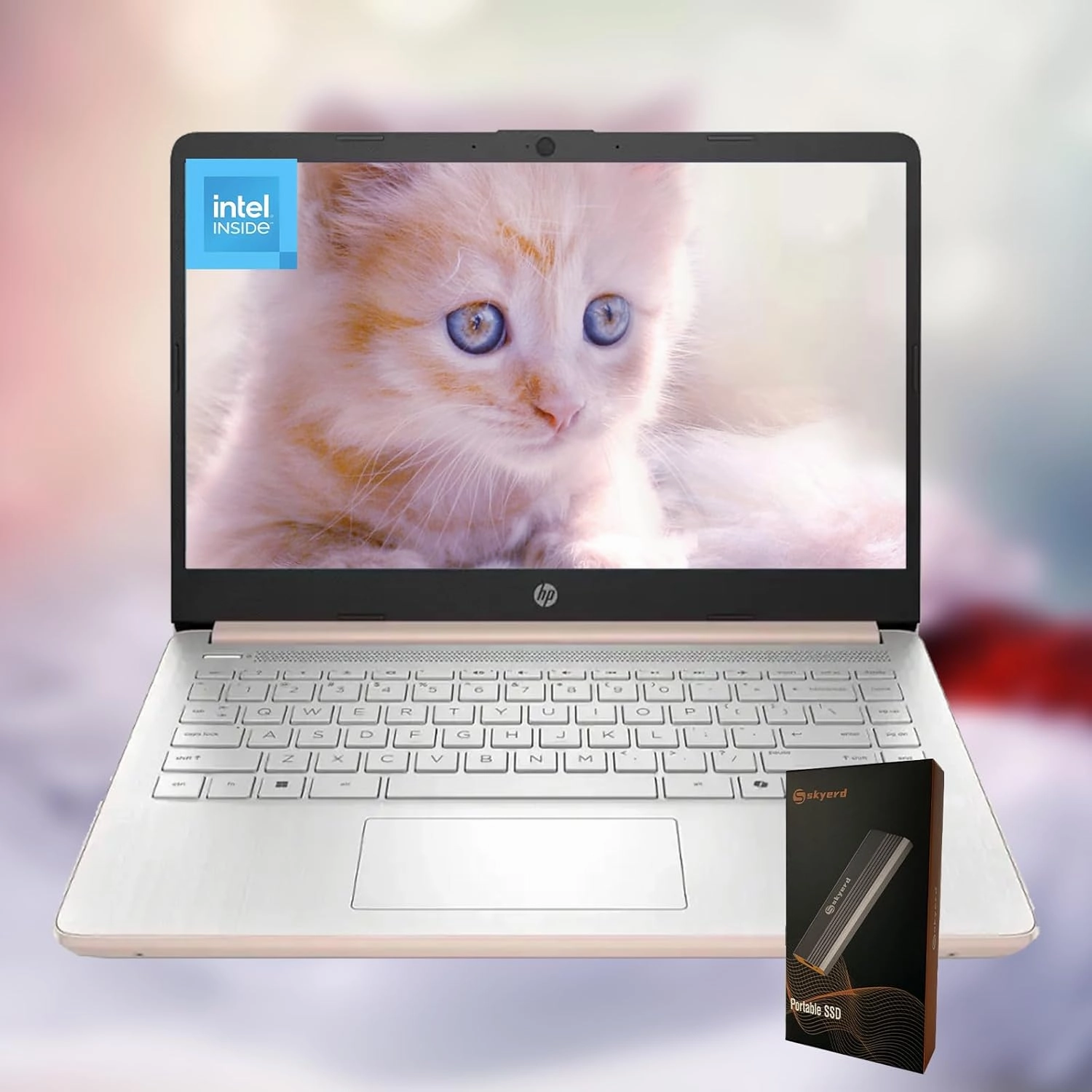 HP 14" Laptop, Microsoft 365, Copilot AI, 32GB RAM, 1.1TB Storage (128GB UFS with Skyerd 1TB Portable SSD),13th Gen 4 Cores Intel Processor, Wi-Fi 6, Long Battery, Rose Gold,Win 11 Home