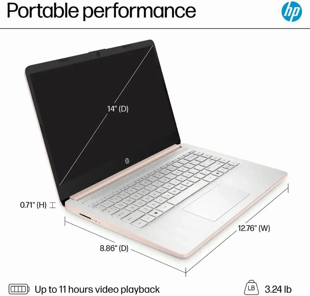 HP 14" Laptop, Microsoft 365, Copilot AI, 32GB RAM, 1.1TB Storage (128GB UFS with Skyerd 1TB Portable SSD),13th Gen 4 Cores Intel Processor, Wi-Fi 6, Long Battery, Rose Gold,Win 11 Home