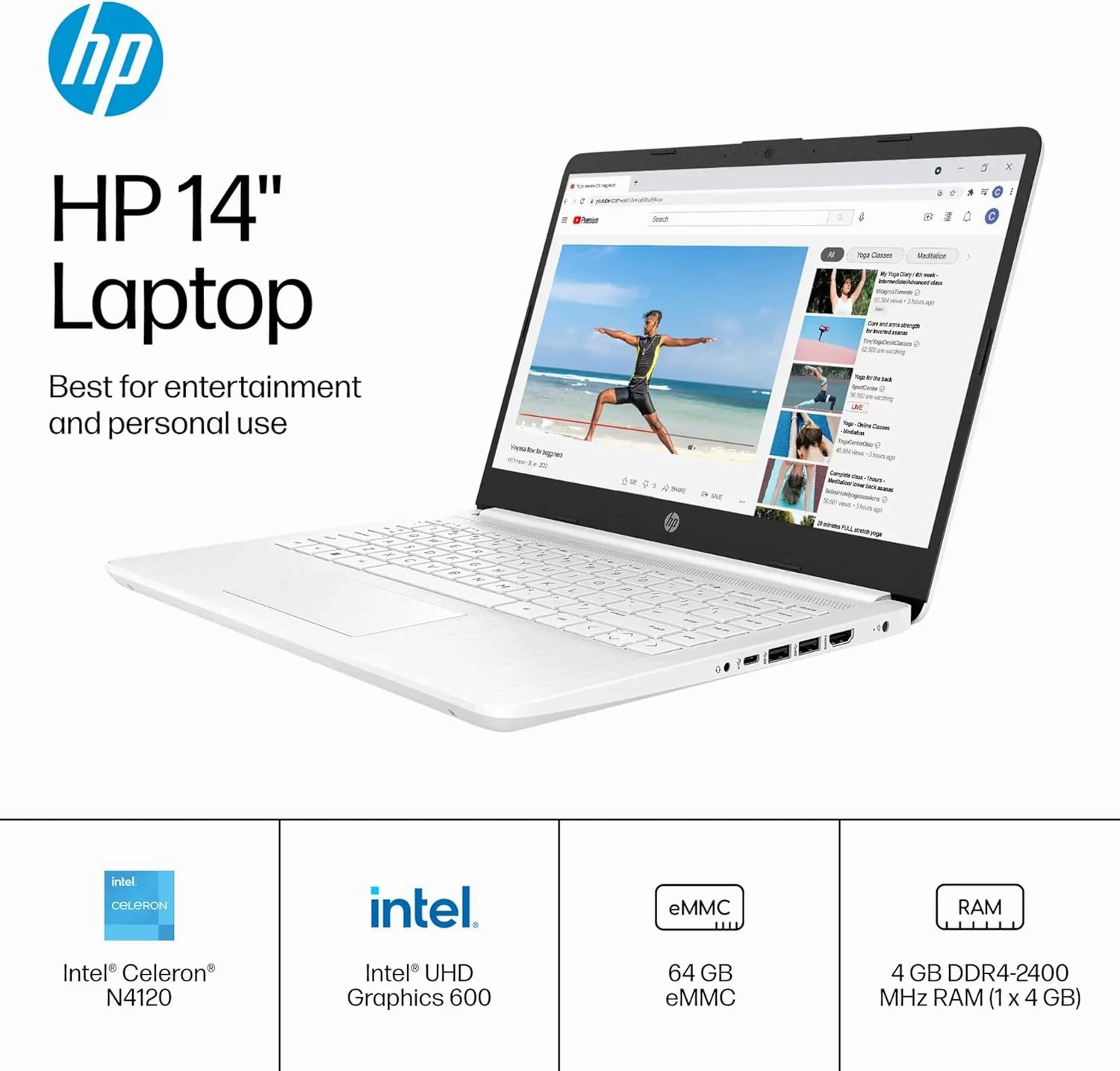 HP 14" Ultra Light Laptop for Student & Home (Intel Quad-Core N4120, 4GB RAM, 192GB(64GB   128GB SD), 1-Year Office 365) 11-Hr Long Battery Life, Webcam, WiFi, Win 11 Home in S Mode - Snow White