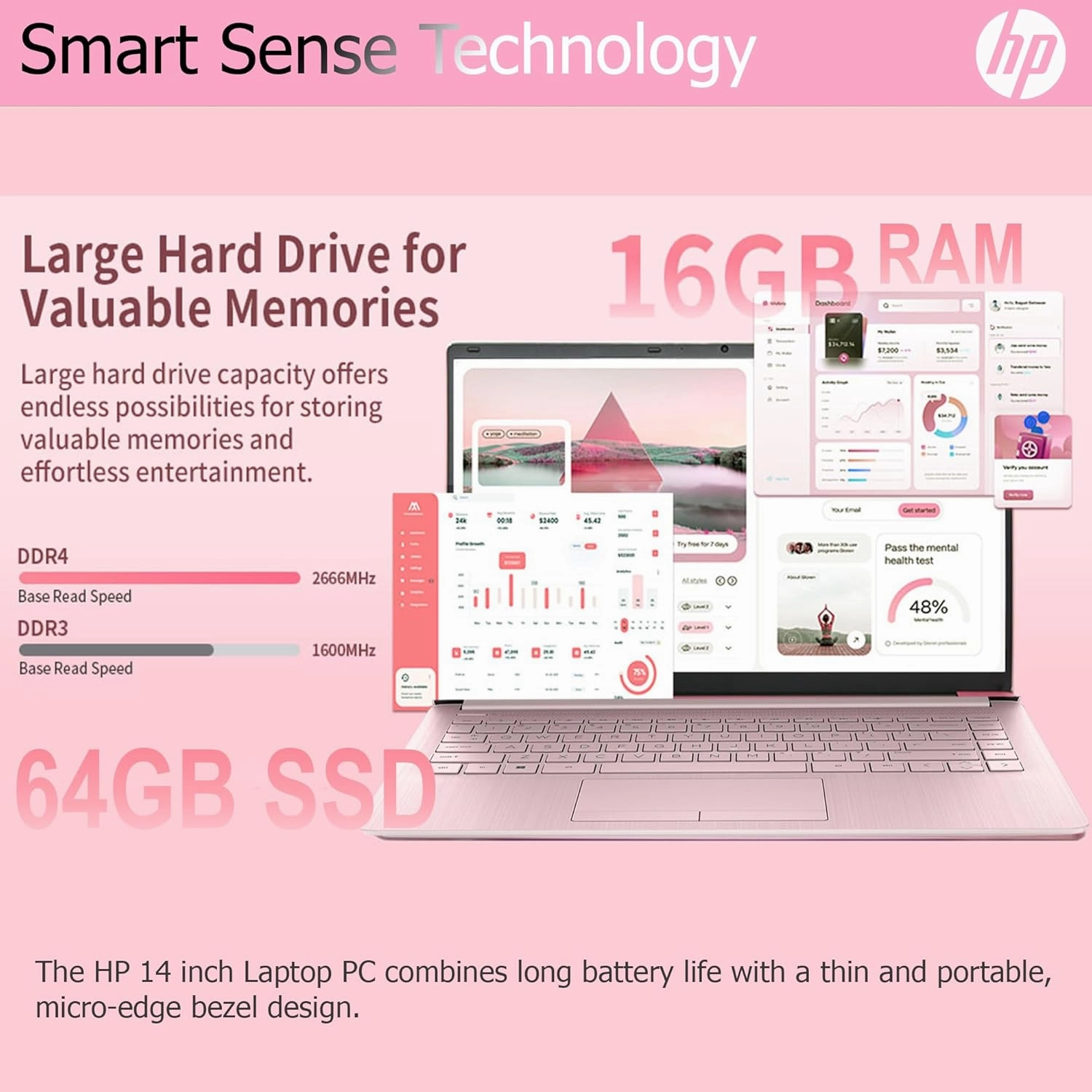 HP Ultralight 14 inch Laptop with Intel 4-Core Processor • with Microsoft 365 and Wireless Earbuds • 16GB RAM • 512GB External & 64GB Onboard & 1TB Cloud Storage • HD Display • Pink • Windows 11
