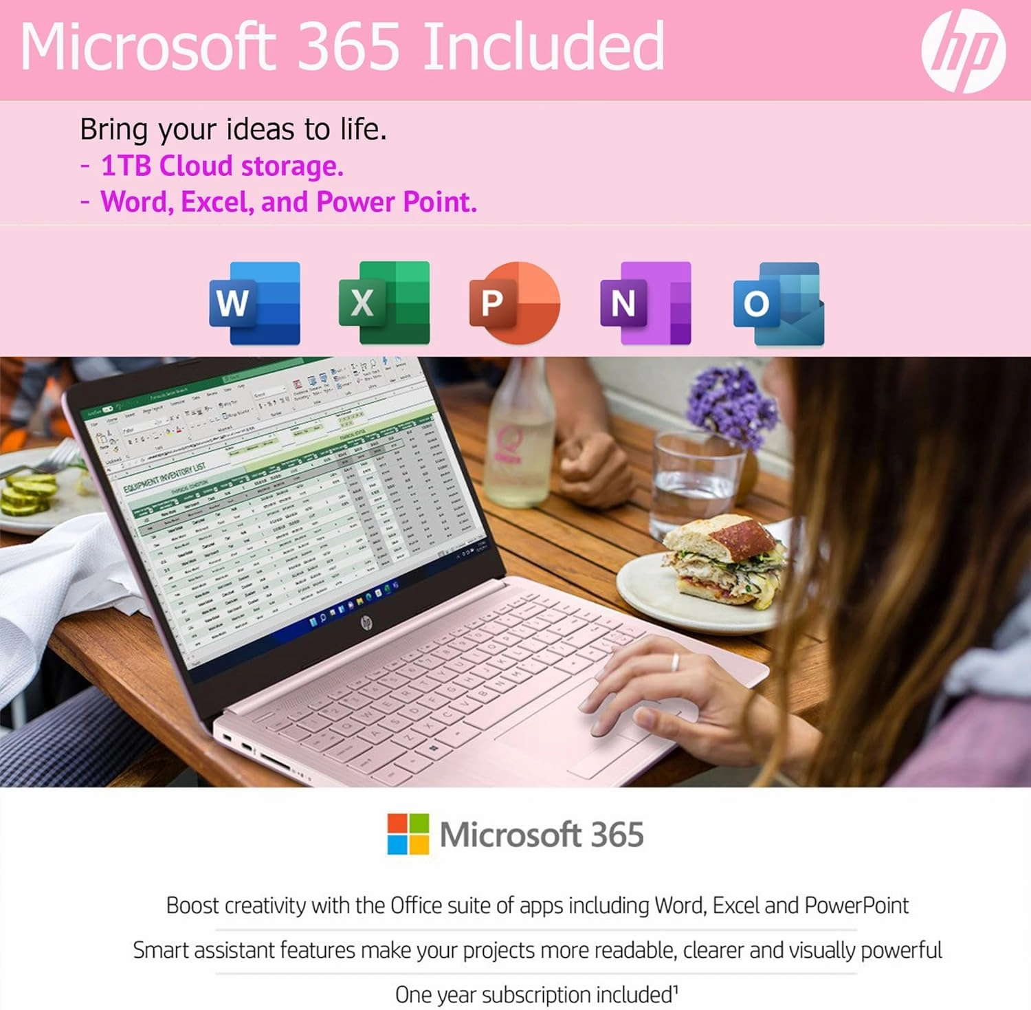 HP Ultralight 14 inch Laptop with Intel 4-Core Processor • with Microsoft 365 and Wireless Earbuds • 16GB RAM • 512GB External & 64GB Onboard & 1TB Cloud Storage • HD Display • Pink • Windows 11