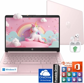 HP Ultralight 14 inch Laptop with Intel 4-Core Processor • with Microsoft 365 and Wireless Earbuds • 16GB RAM • 512GB External & 64GB Onboard & 1TB Cloud Storage • HD Display • Pink • Windows 11