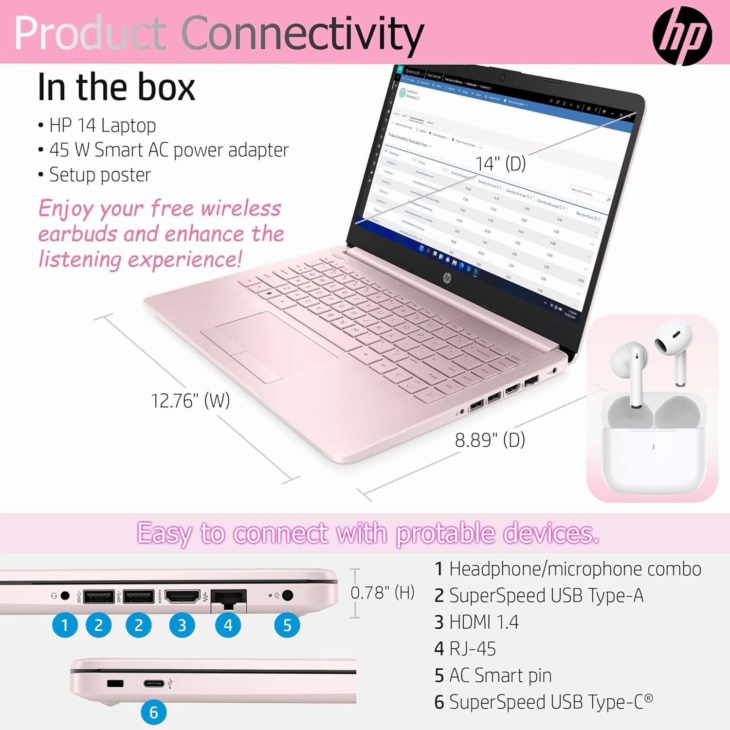 HP Ultralight 14 inch Laptop with Intel 4-Core Processor • with Microsoft 365 and Wireless Earbuds • 16GB RAM • 512GB External & 64GB Onboard & 1TB Cloud Storage • HD Display • Pink • Windows 11