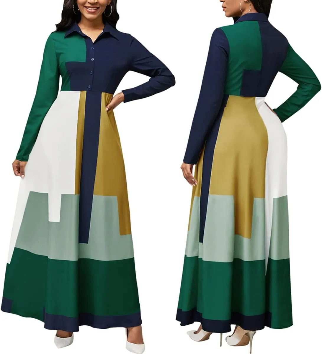 HugeNice Colorful Maxi Dresses for Women Sexy Long Sleeve Deep V Neck Bodycon Floor Length Dress