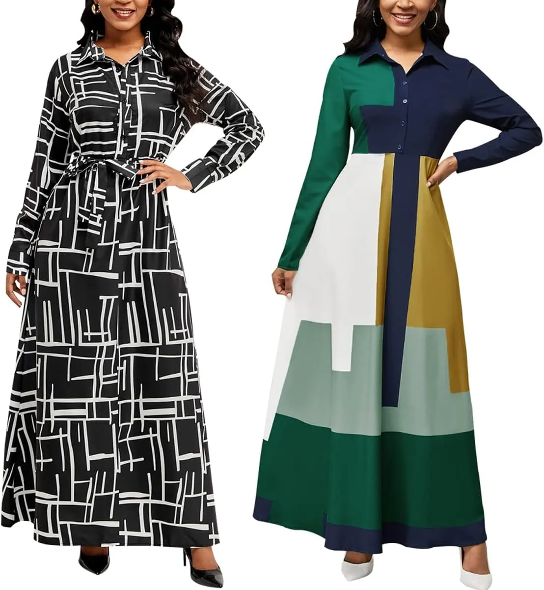 HugeNice Colorful Maxi Dresses for Women Sexy Long Sleeve Deep V Neck Bodycon Floor Length Dress