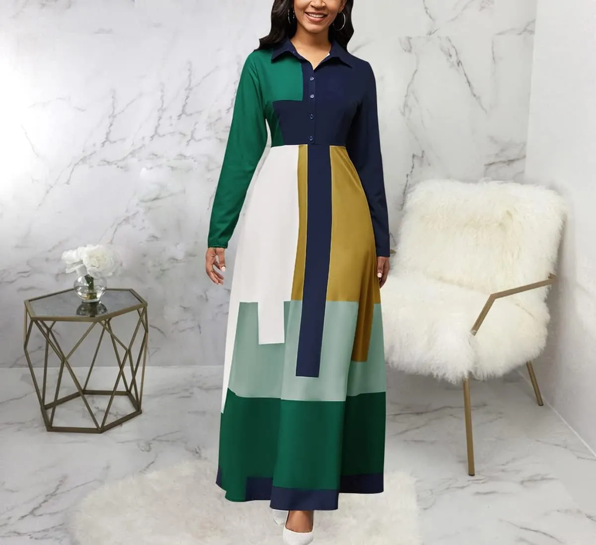HugeNice Colorful Maxi Dresses for Women Sexy Long Sleeve Deep V Neck Bodycon Floor Length Dress