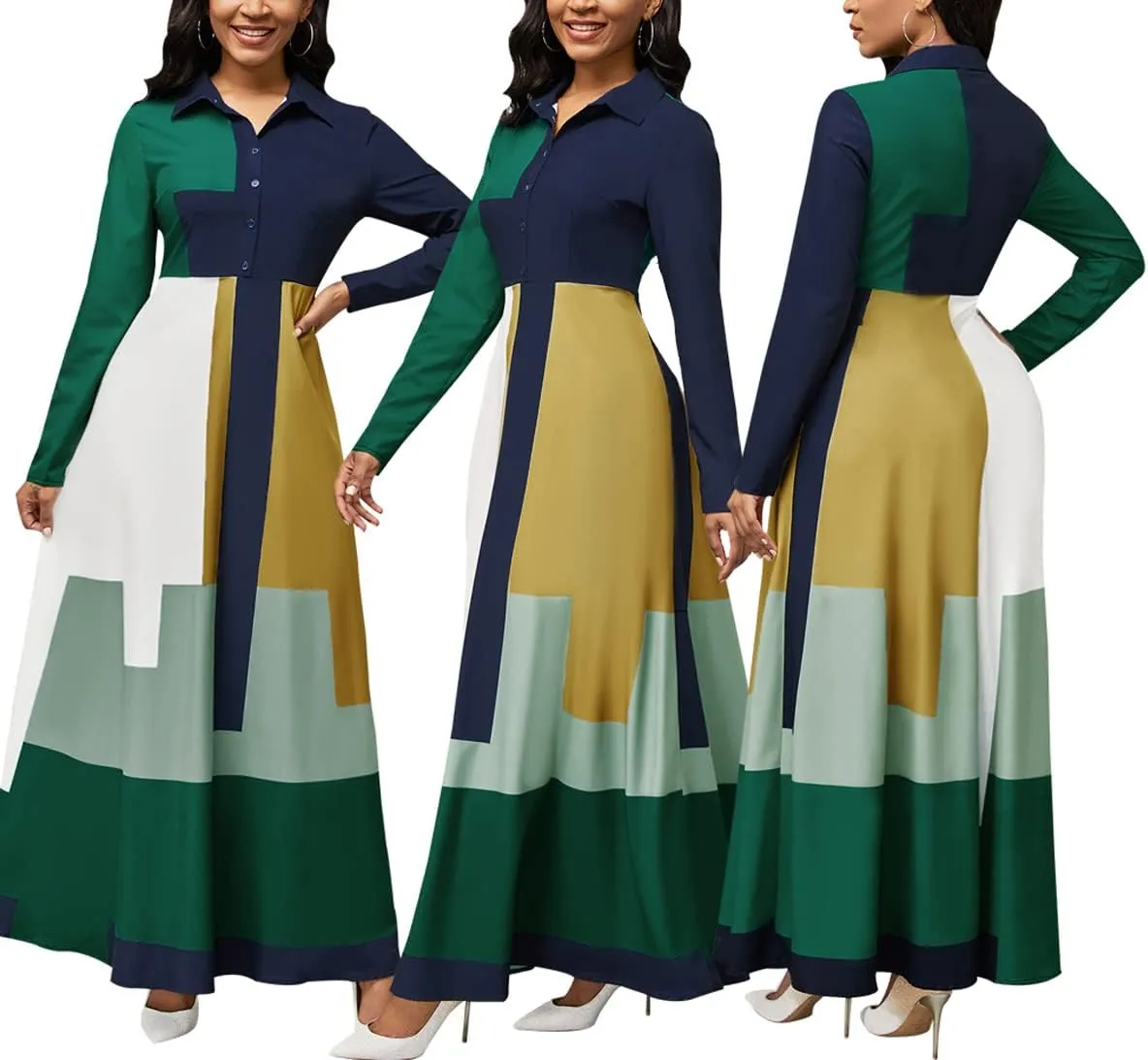 HugeNice Colorful Maxi Dresses for Women Sexy Long Sleeve Deep V Neck Bodycon Floor Length Dress