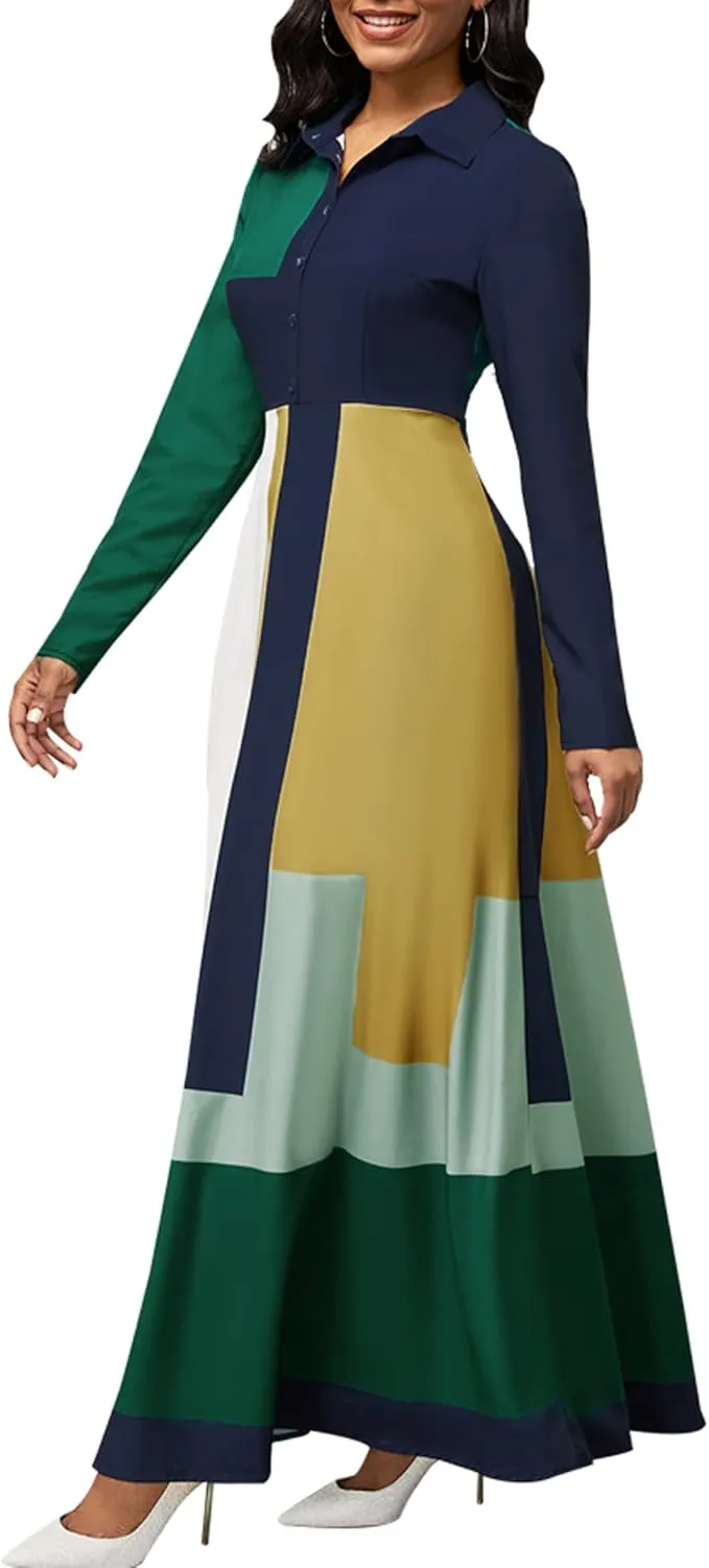 HugeNice Colorful Maxi Dresses for Women Sexy Long Sleeve Deep V Neck Bodycon Floor Length Dress