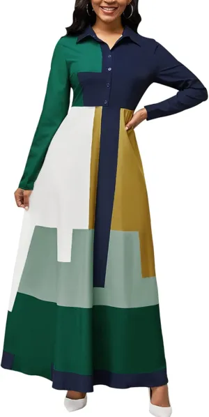 HugeNice Colorful Maxi Dresses for Women Sexy Long Sleeve Deep V Neck Bodycon Floor Length Dress