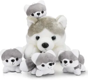 HyDren Husky Stuffed Animals with 4 Baby Huskies Cute Dog Plush Set Kawaii Husky Soft Pillow Dolls for Girls Birthday Wedding Anniversary Presents Home Sofa Decor, 11 Inch, 4 Inch