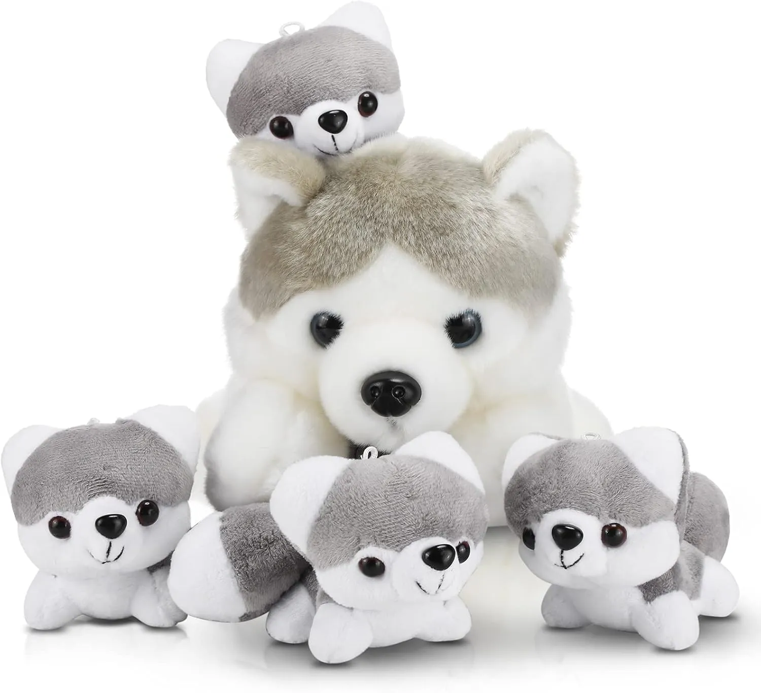 HyDren Husky Stuffed Animals with 4 Baby Huskies Cute Dog Plush Set Kawaii Husky Soft Pillow Dolls for Girls Birthday Wedding Anniversary Presents Home Sofa Decor, 11 Inch, 4 Inch