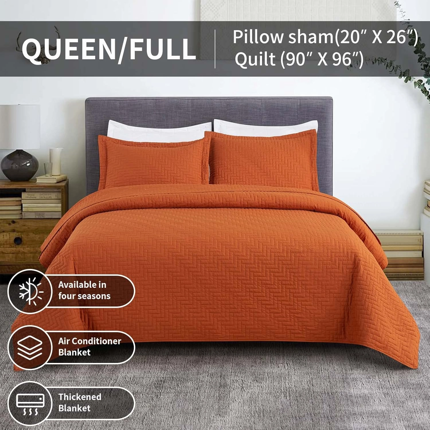 Hygge Hush Summer Quilt Set, Full Queen Size Caramel Square Pattern 3 Pieces Quilt Set, Oversized Modern Style Bedspread Set for All Season (1 Quilt & 2 Pillow Shams)