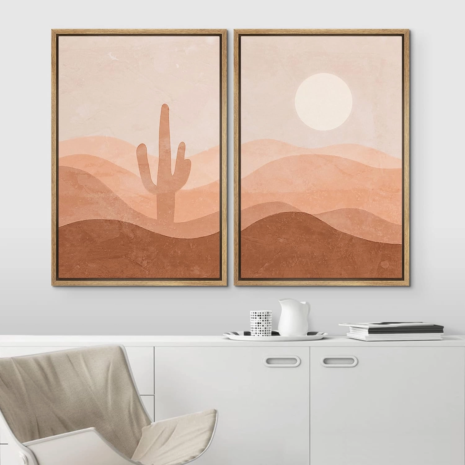 IDEA4WALL Framed Wall Art Print Set Cactus Shining Sun Desert Valley Landscape Wilderness Nature Modern Art Boho Graphic Colorful Chic for Living Room, Bedroom, Office - 16"x24"x2 Natural