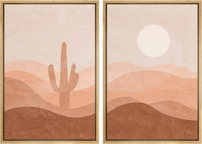 IDEA4WALL Framed Wall Art Print Set Cactus Shining Sun Desert Valley Landscape Wilderness Nature Modern Art Boho Graphic Colorful Chic for Living Room, Bedroom, Office - 16"x24"x2 Natural