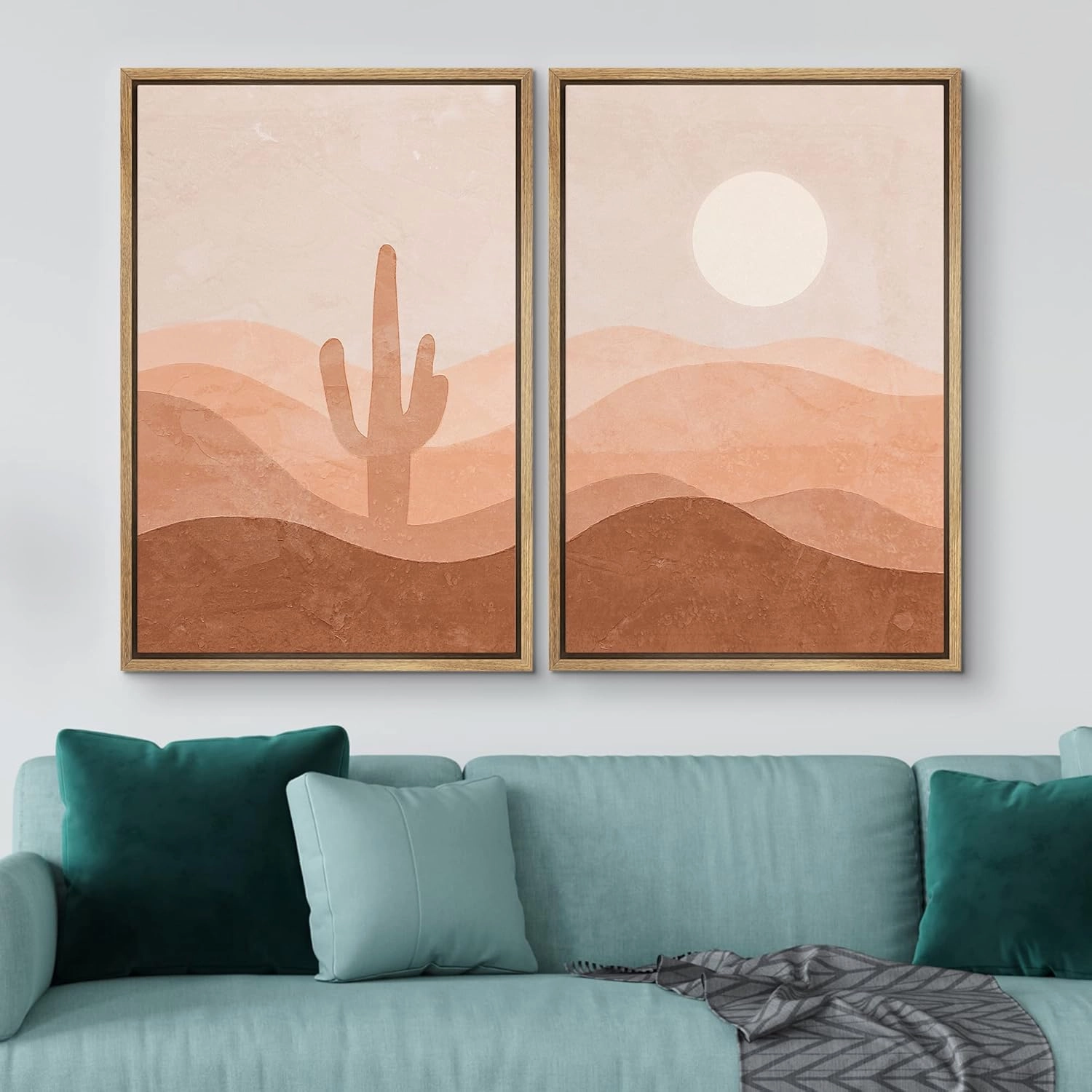 IDEA4WALL Framed Wall Art Print Set Cactus Shining Sun Desert Valley Landscape Wilderness Nature Modern Art Boho Graphic Colorful Chic for Living Room, Bedroom, Office - 16"x24"x2 Natural